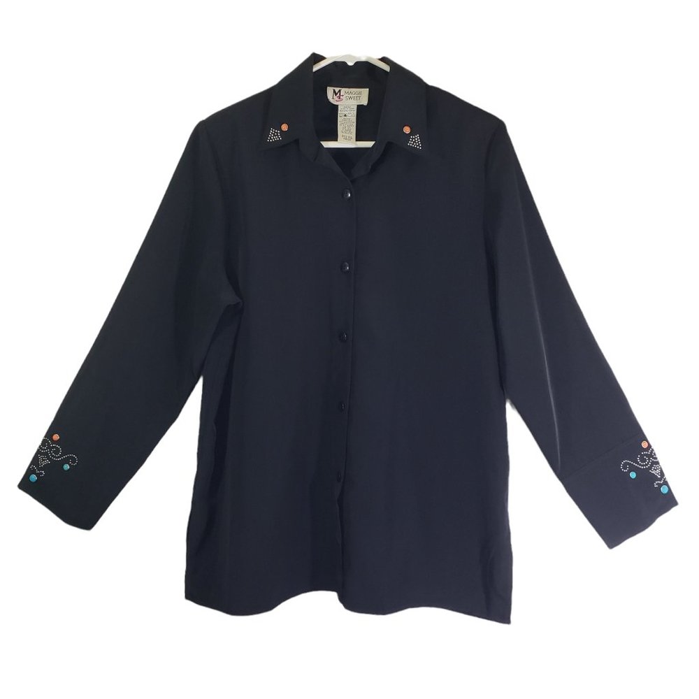 MAGGIE SWEET Medium Black Button Up Embellished Western Vintage Long Sleeve Top